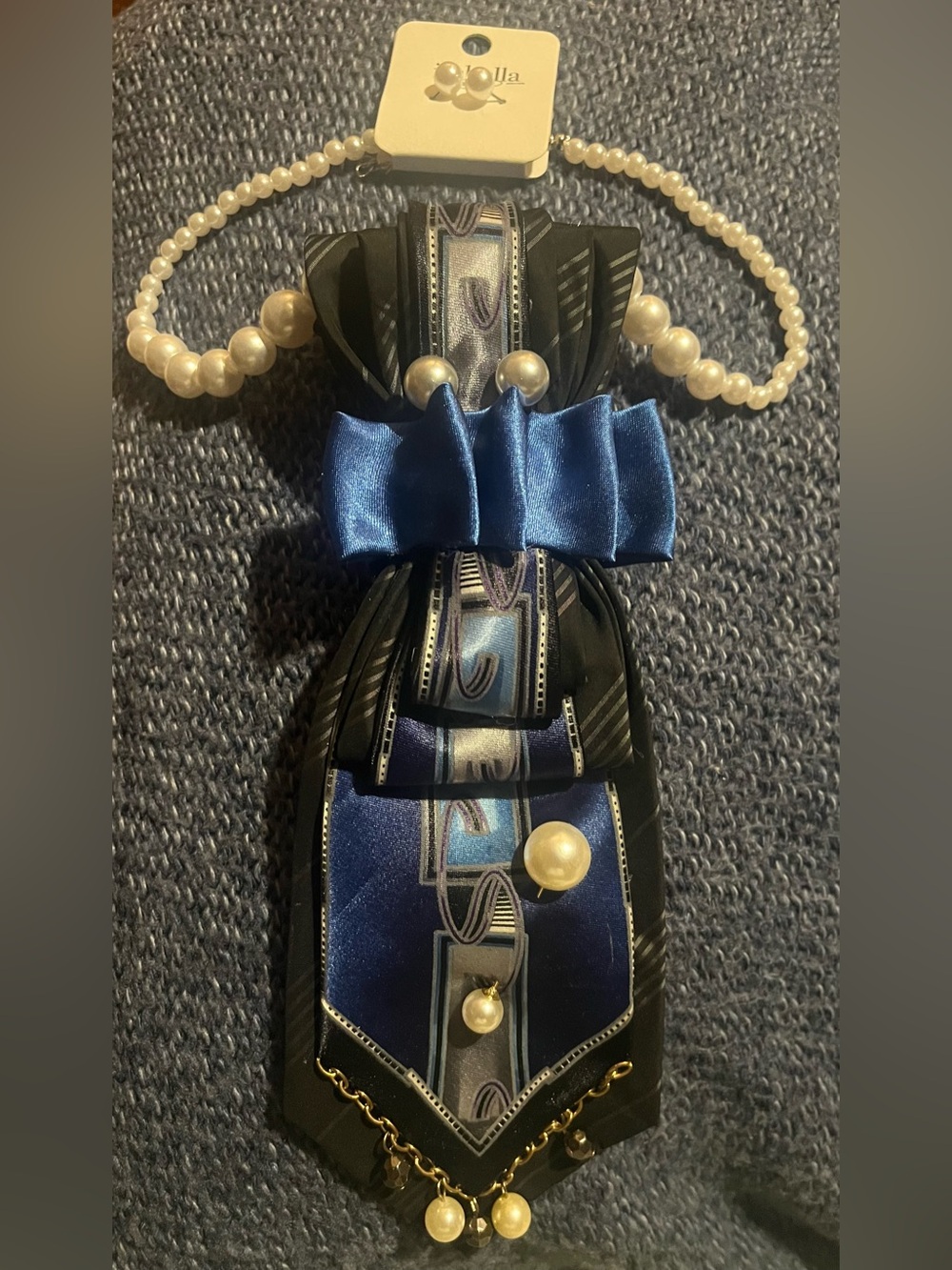 Blue and Black Satin Bow Tie Accessory with Pearls